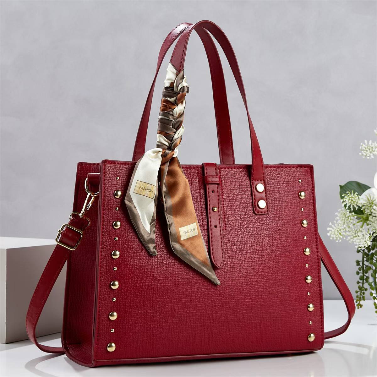Ladies elegant tote bag with golden studs and fashionable scarf-https://detail.1688.com/offer/1045520995476.html-Calm Wears-Rot-301023-Calm Wears