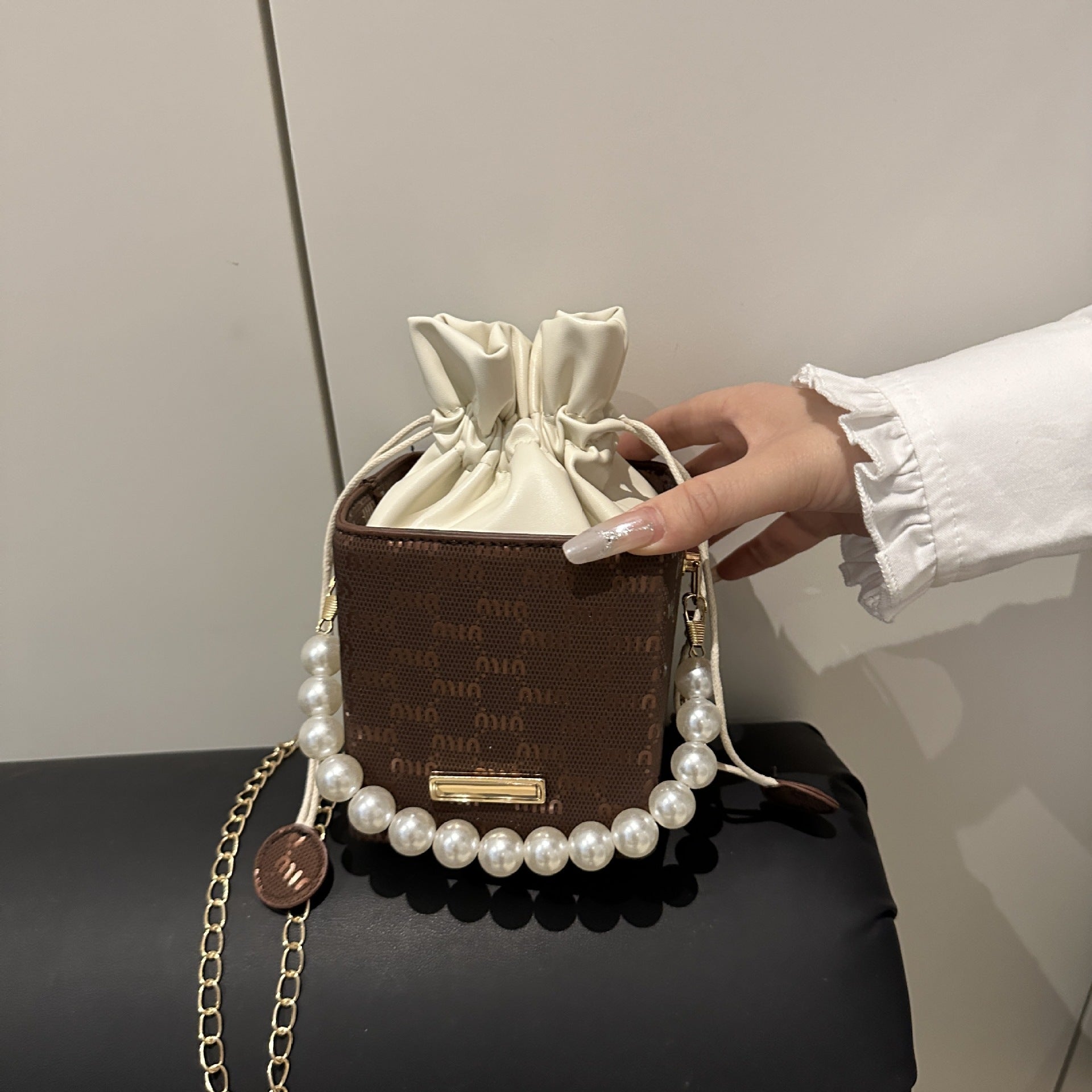 Elegant Pearl-Handled Mini Bucket Bag
