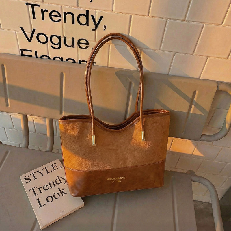 Stylish Suede and Leather Shoulder Tote Bag