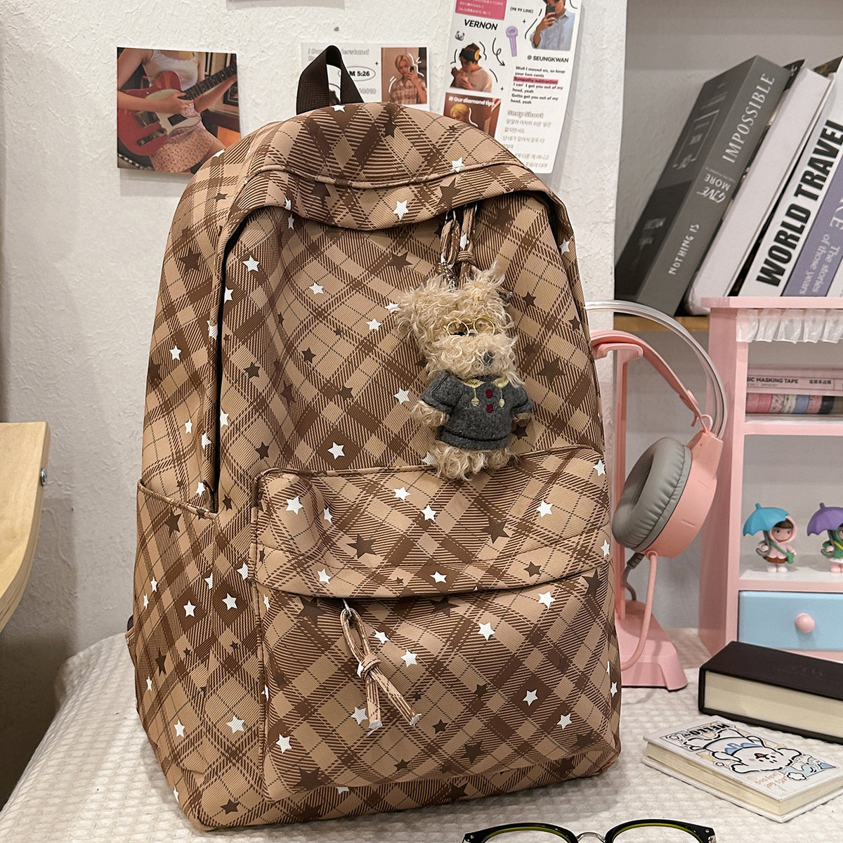 Backpack with Fashionable Check Pattern and Practical Compartments