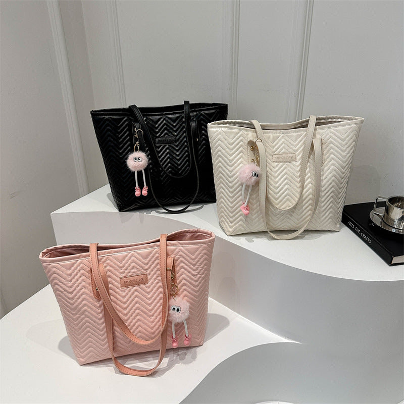 Women's leisure tote bag with textured wave pattern and charming pendant-https://detail.1688.com/offer/794764595567.html-Calm Wears-White-Size: Without pendant-Calm Wears