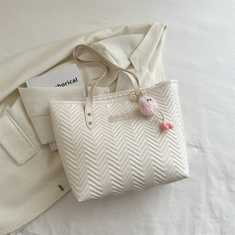 Women Leisure Tote Bag with Textured Wave Pattern and Charming Charm-https://detail.1688.com/offer/794764595567.html-Calm Wears-White-Size: Without pendant-Calm Wears