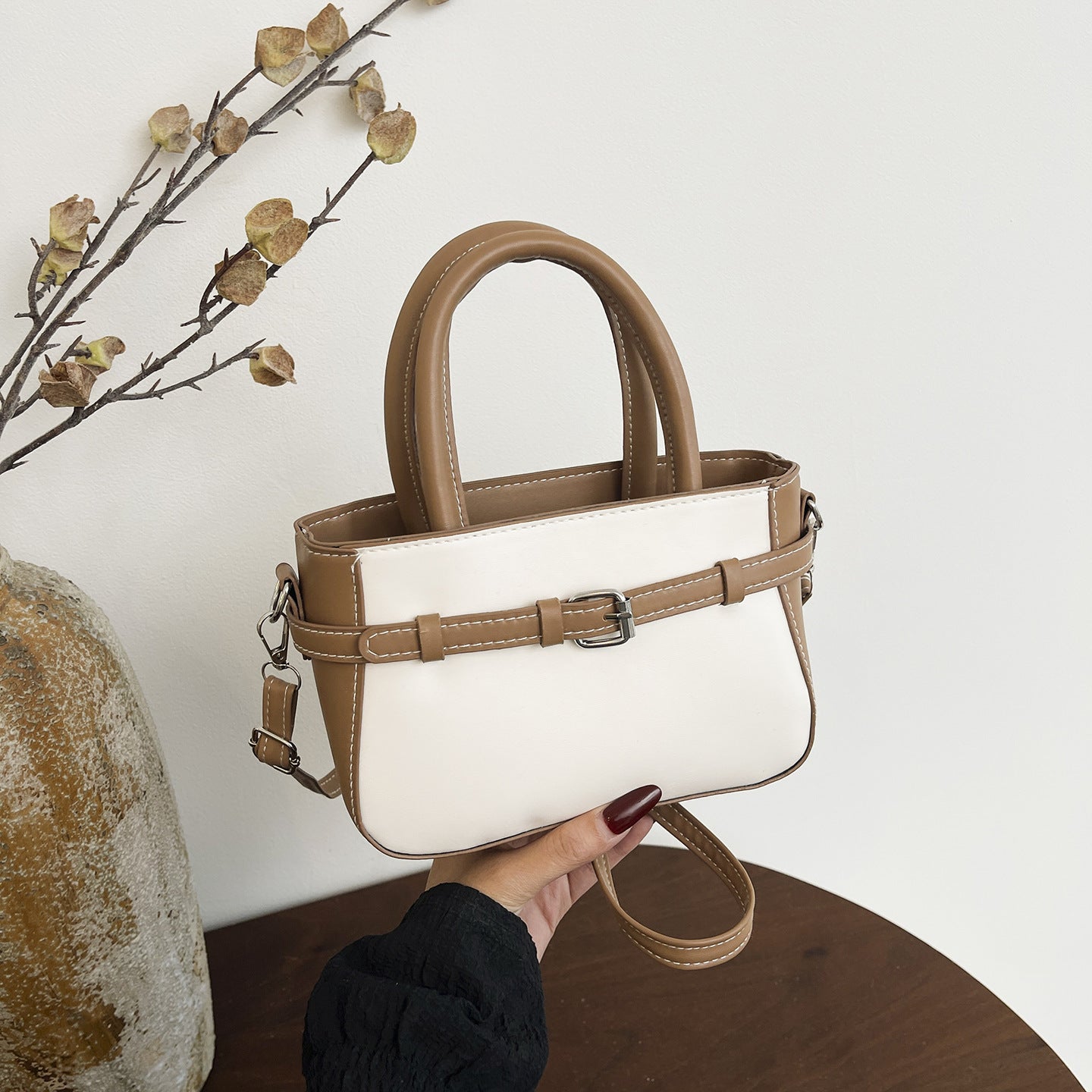 Ladies elegant mini handbag with double carrying handle and removable shoulder chain-https://detail.1688.com/offer/1044724965207.html-Calm Wears-Khaki-nothing-Calm Wears