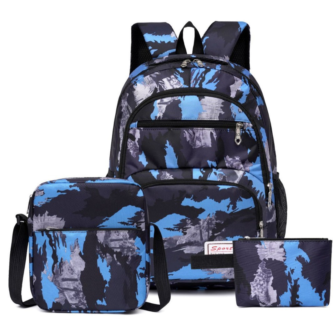 School backpack with multiple compartments and matching accessories