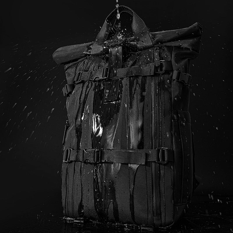 Backpack with roll closure and durable materials