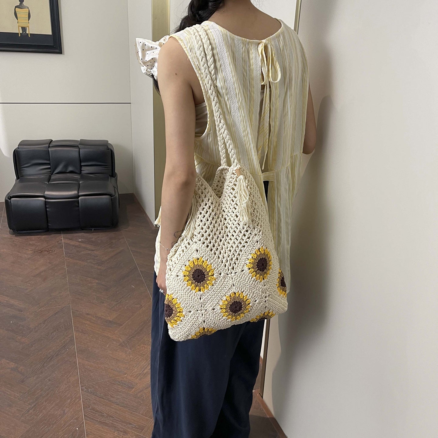 Ladies crocheted shoulder bag with playful sunflower appliqués-https://detail.1688.com/offer/1025216319018.html-Calm Wears-Khaki-nothing-Calm Wears