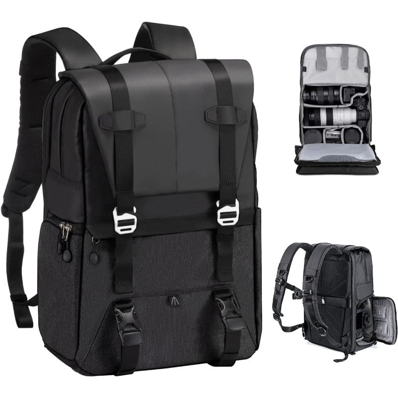 Camera backpack with individual compartment system and ergonomic design