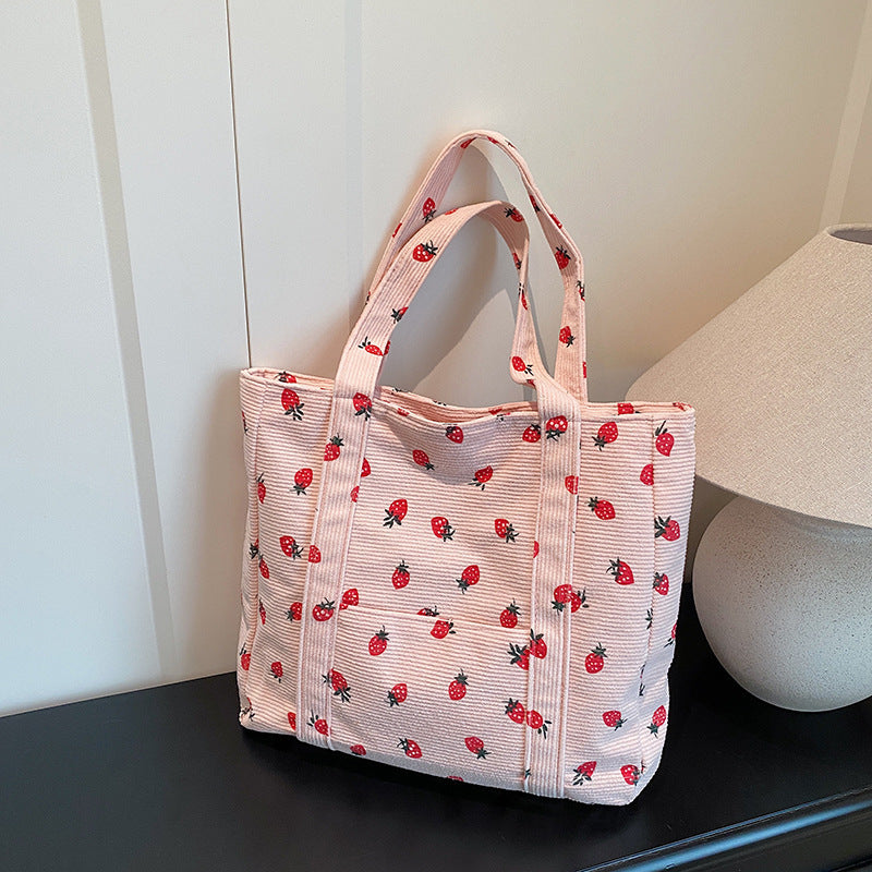 Playful Strawberry Print Corduroy Tote Bag