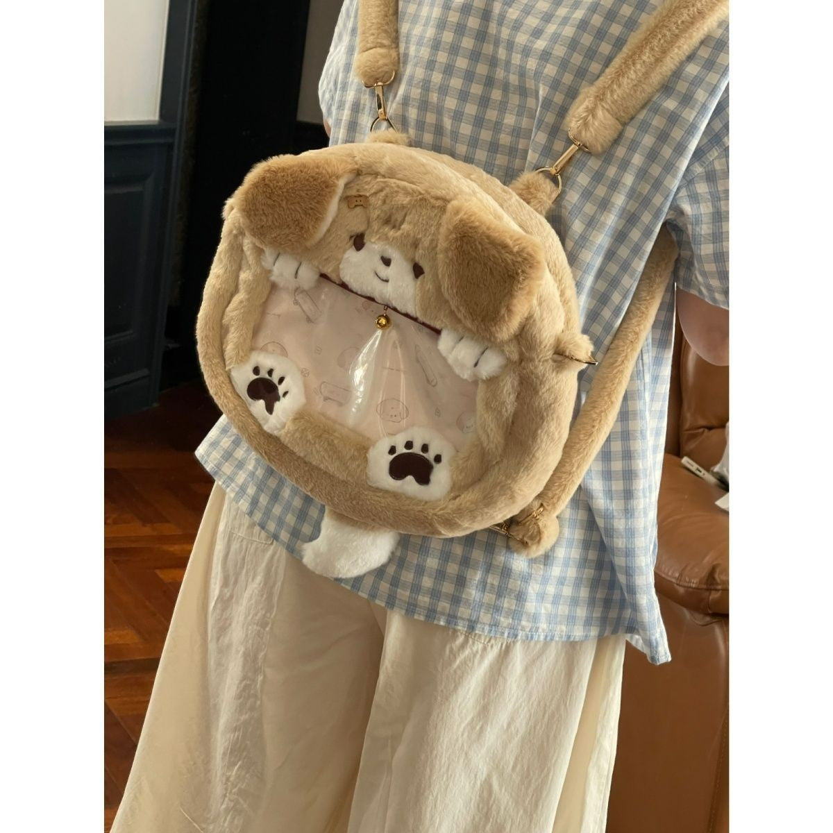 Plush Shoulder Bag with Dog Motif