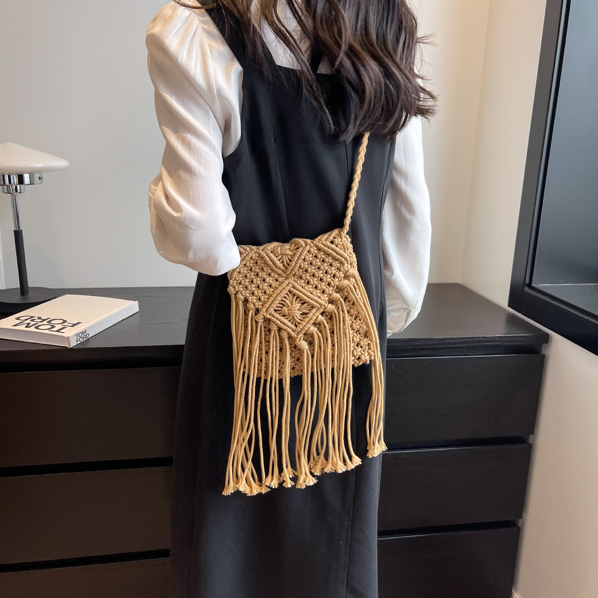Women's Macrame Shoulder Bag with Decorative Fringes-https://detail.1688.com/offer/1026760230042.html-Calm Wears-Black-nothing-Calm Wears