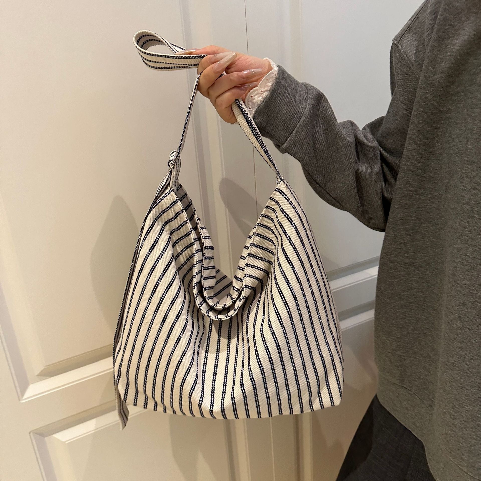 Casual Striped Canvas Tote Bag