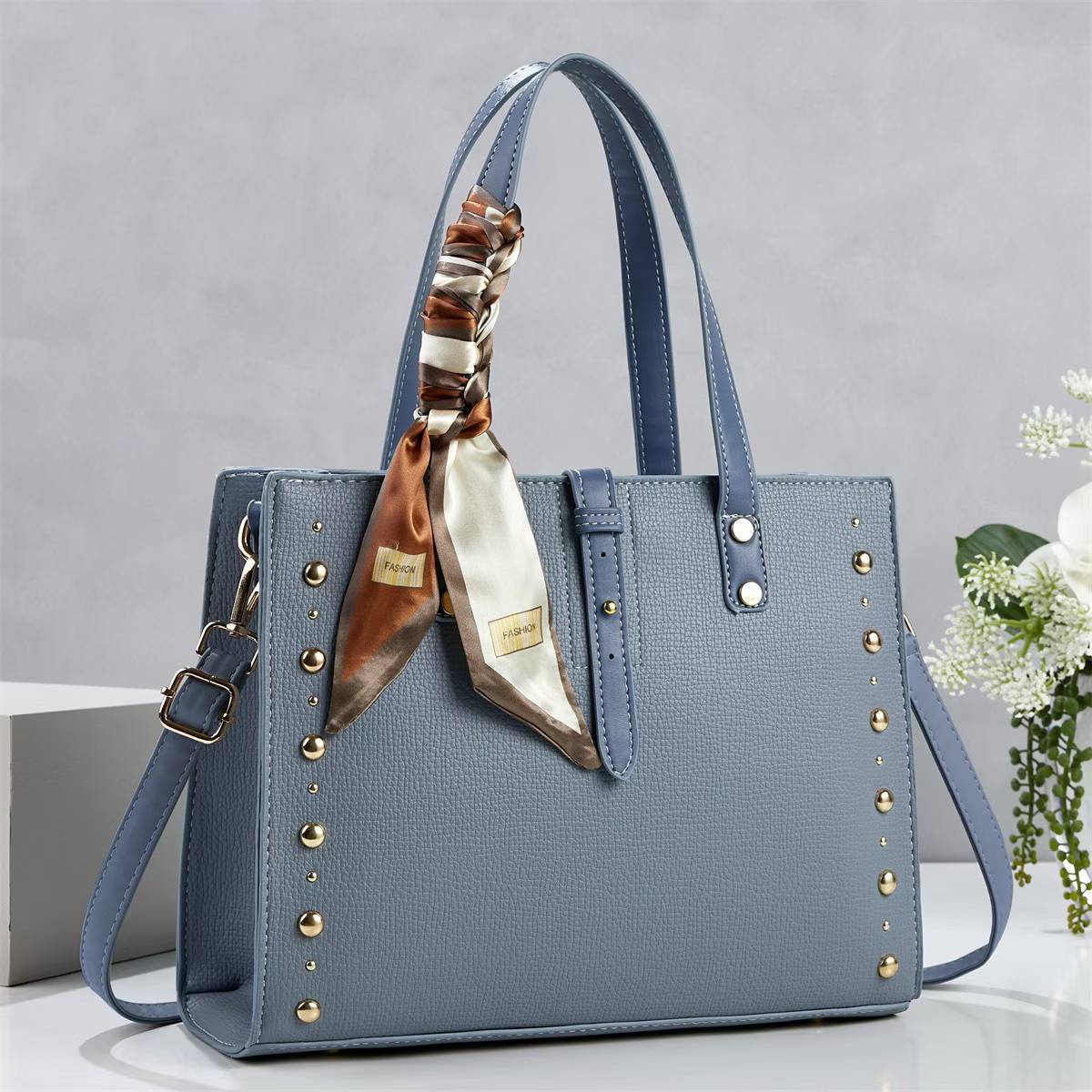 Ladies elegant tote bag with golden studs and fashionable scarf-https://detail.1688.com/offer/1045520995476.html-Calm Wears-Blue-301023-Calm Wears