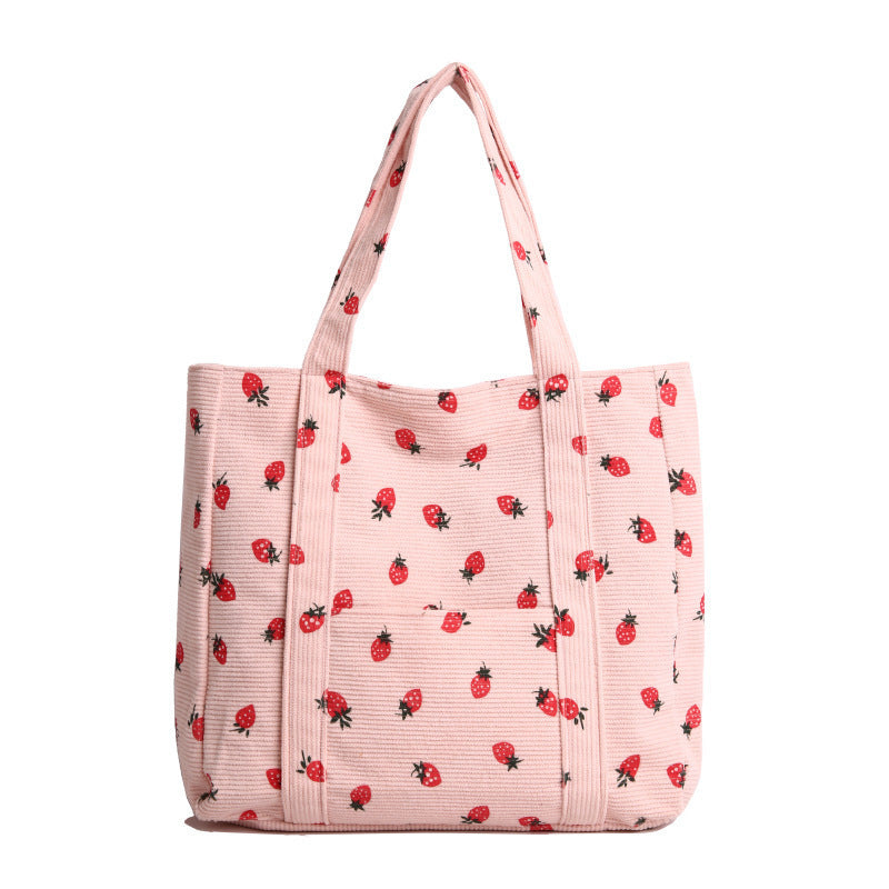 Playful Strawberry Print Corduroy Tote Bag