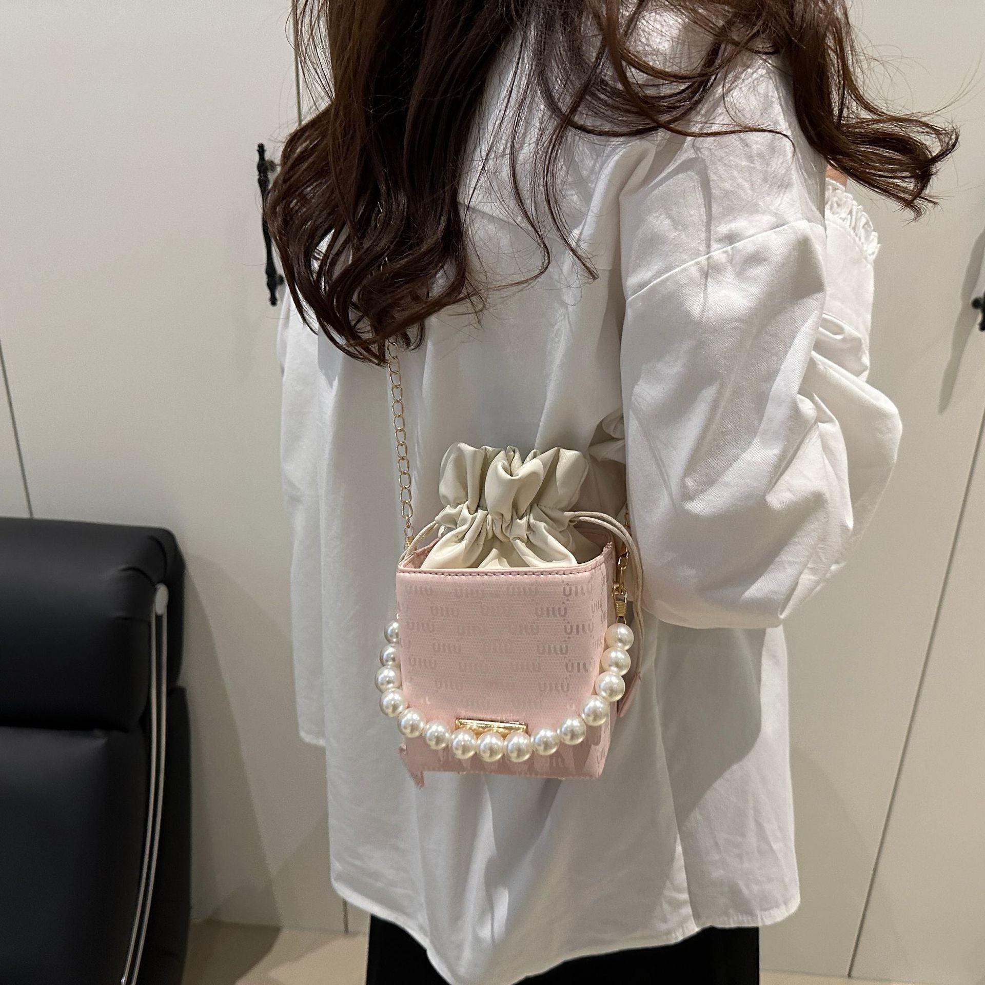 Elegant Pearl-Handled Mini Bucket Bag
