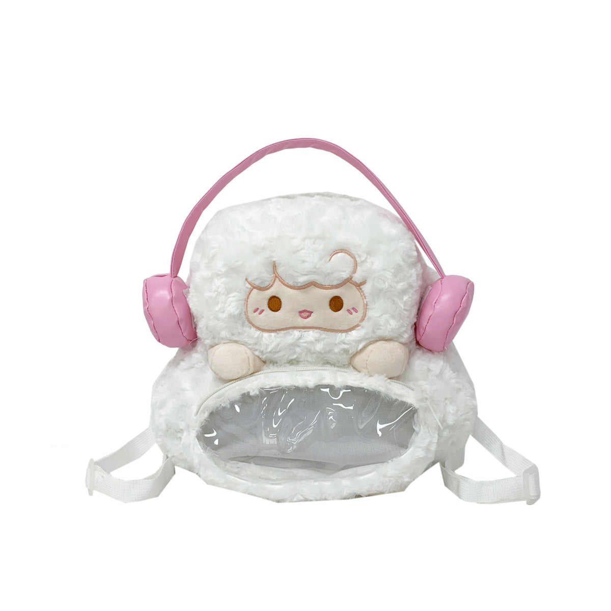 Plush backpack with transparent viewing window