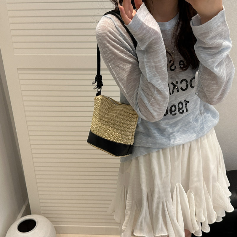 Woven Straw and Leather Crossbody Bag