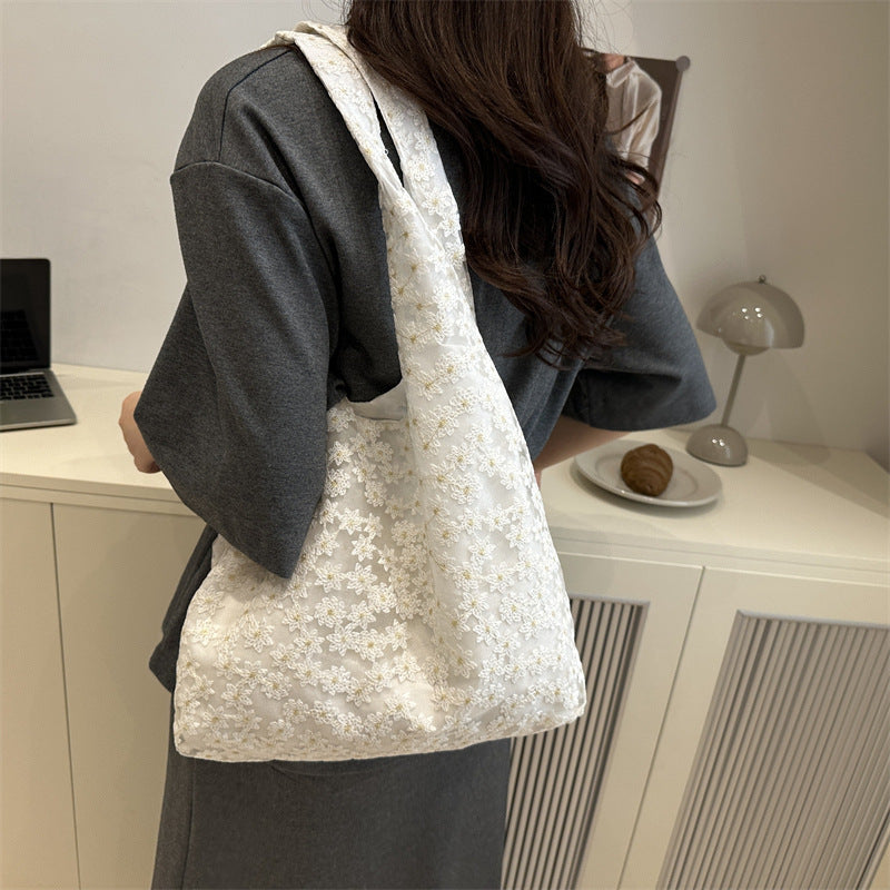 Elegant Floral Embroidered Grocery Tote Bag