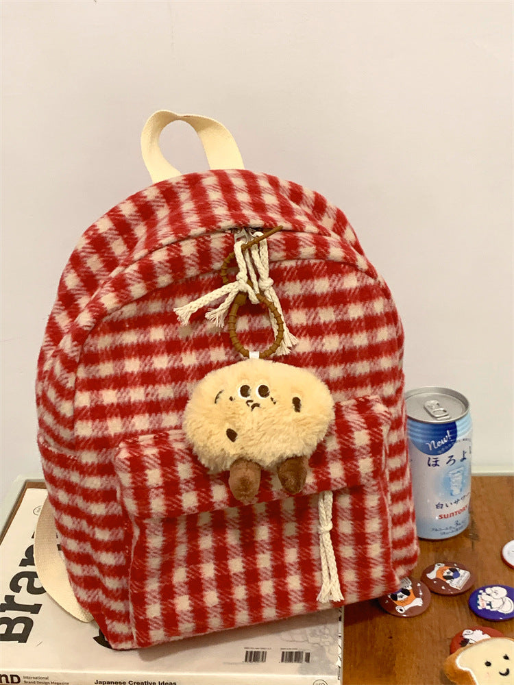 Cozy Checkered Plush School Backpack