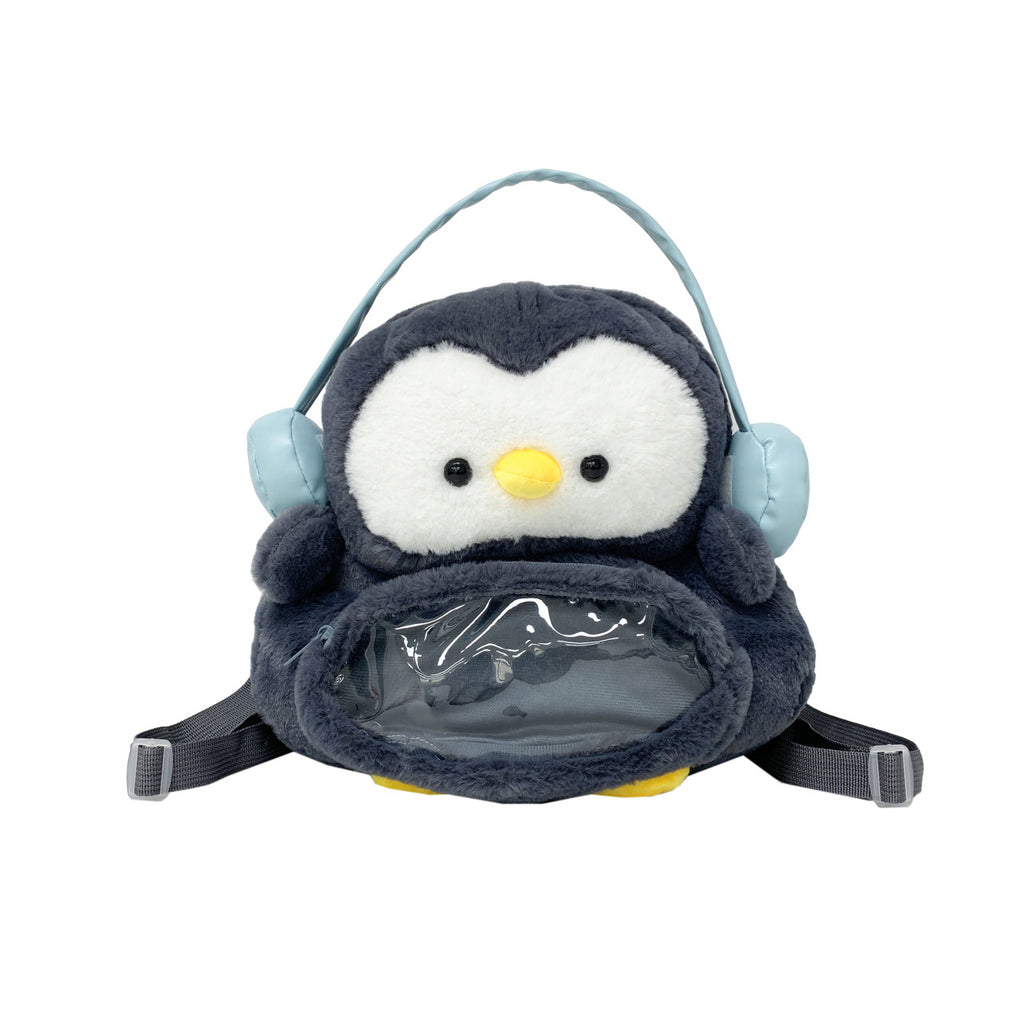Plush backpack with transparent viewing window