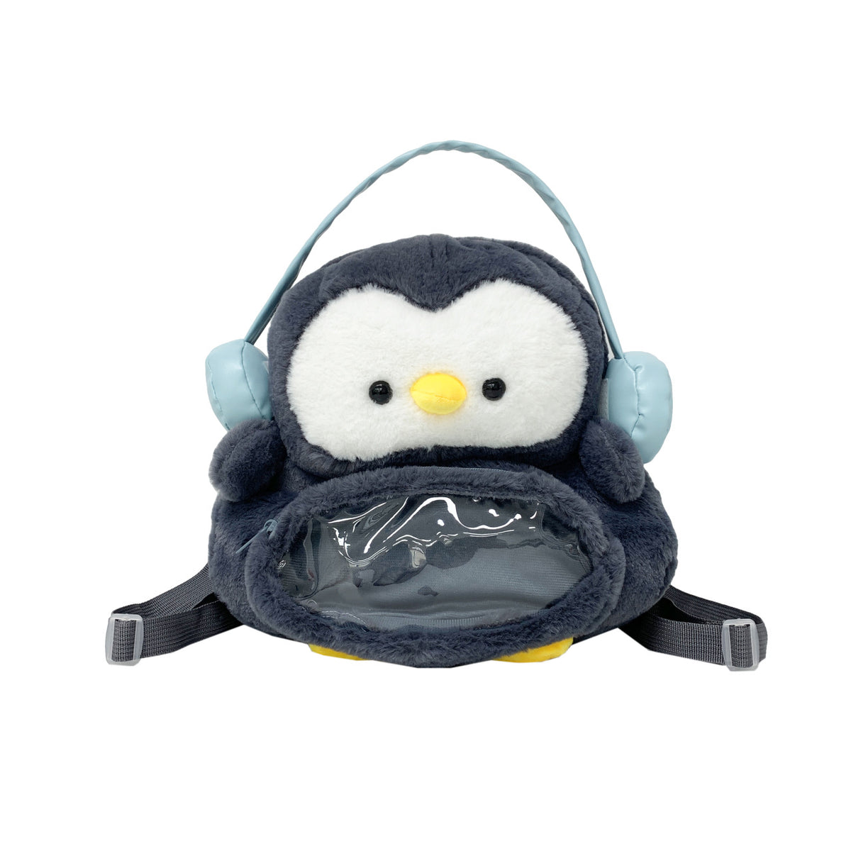 Plush backpack with transparent viewing window
