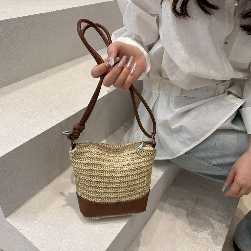 Woven Straw and Leather Crossbody Bag