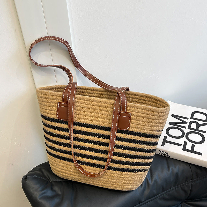 Striped Woven Beach Tote Bag