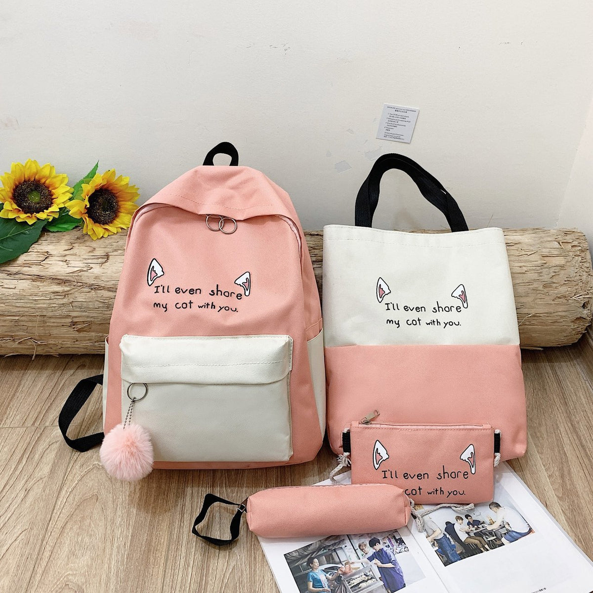 Fun-Themed Cat Print Backpack Set
