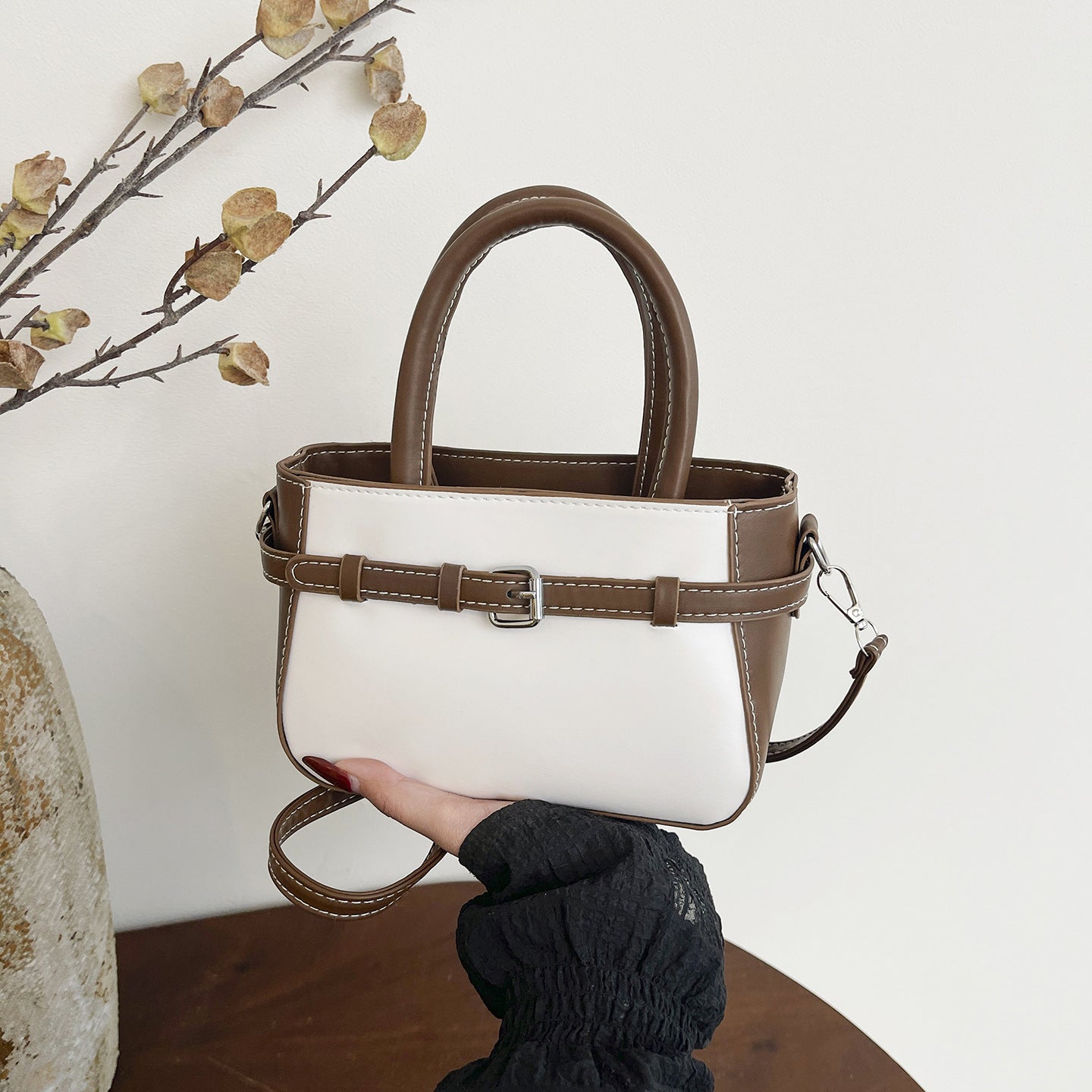 Ladies elegant mini handbag with double carrying handle and removable shoulder chain-https://detail.1688.com/offer/1044724965207.html-Calm Wears-Coffee-nothing-Calm Wears