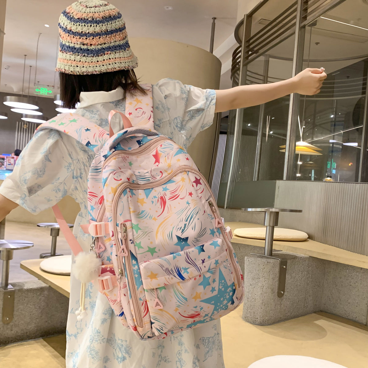 Backpack with Colorful Star Pattern and Innovative Storage Options