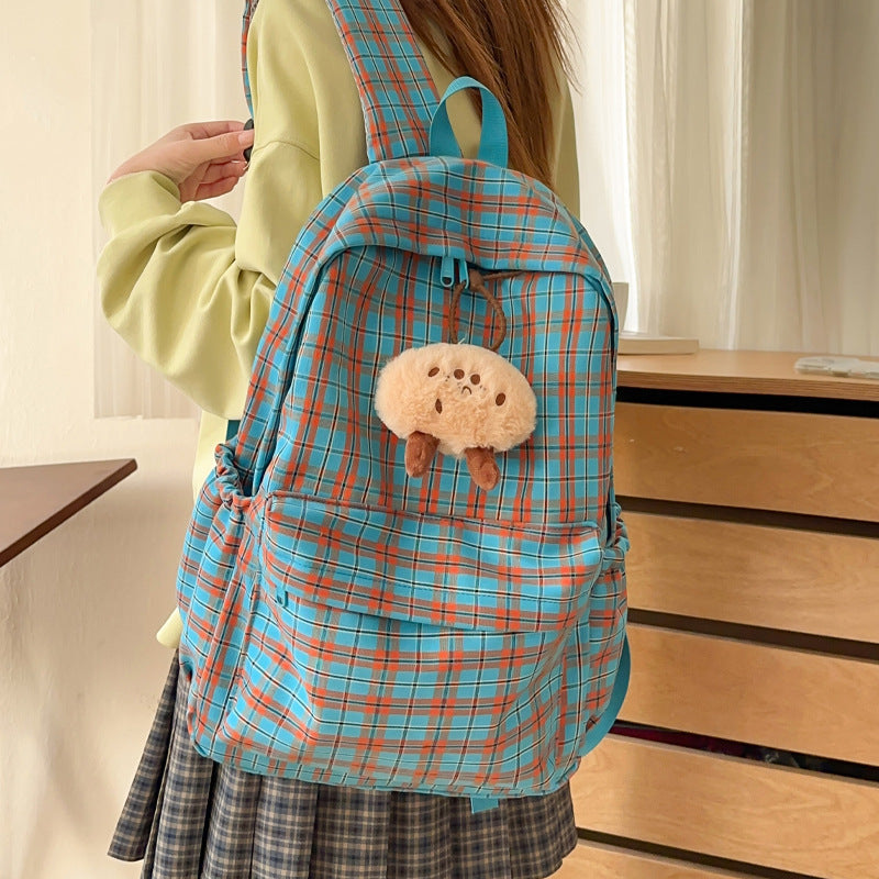 Backpack with Practical Check Pattern and Cute Plush Pendant