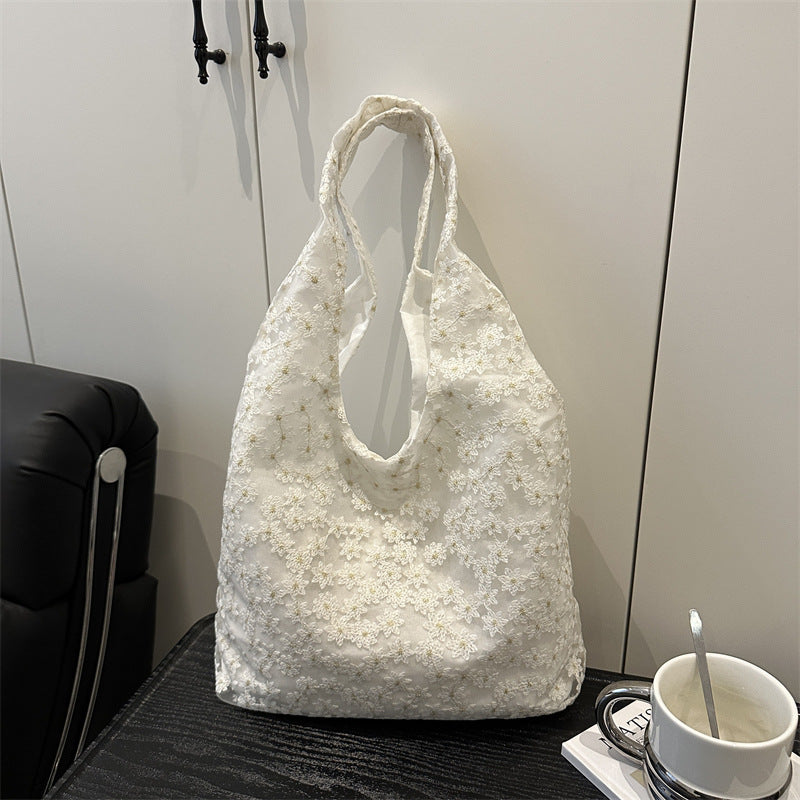 Elegant Floral Embroidered Grocery Tote Bag