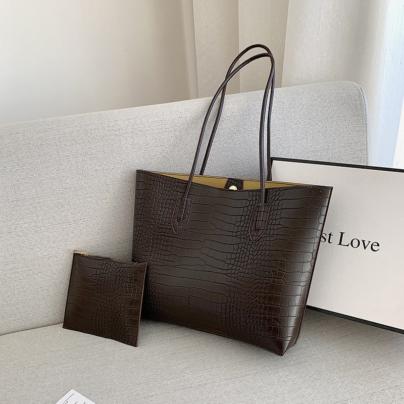 Crocodile-Embossed Tote Bag with Detachable Clutch