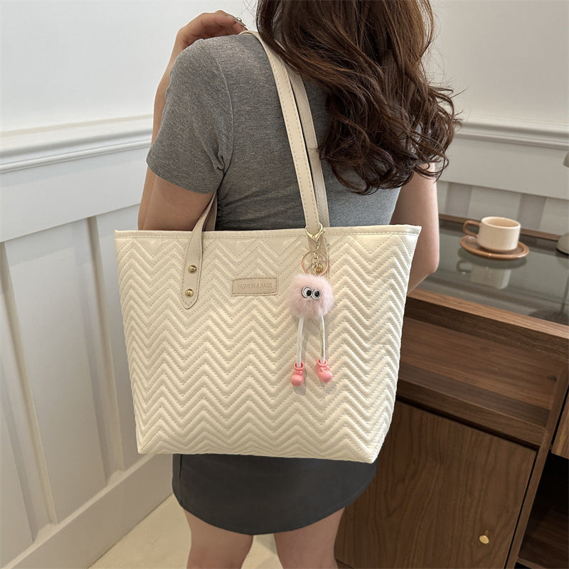 Women's leisure tote bag with textured wave pattern and charming pendant-https://detail.1688.com/offer/794764595567.html-Calm Wears-White-Size: Without pendant-Calm Wears