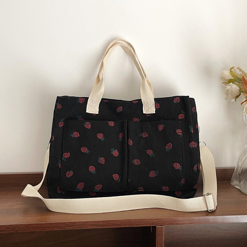 Stylish Multi-Pocket Strawberry Print Canvas Tote Bag