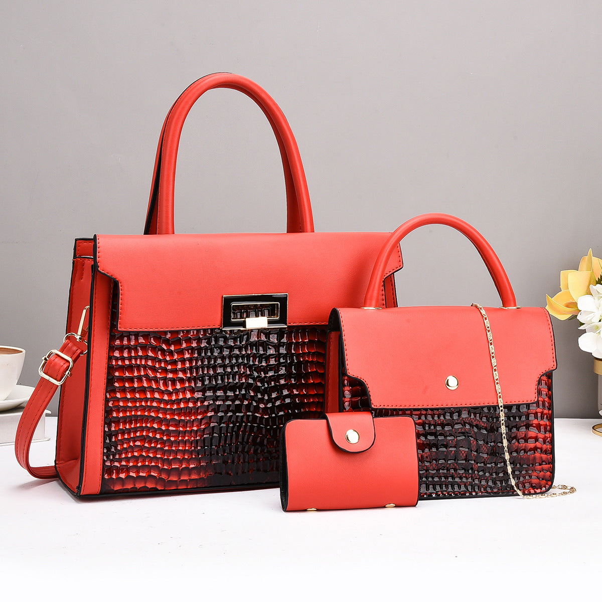 Ladies handbag set with luxurious crocodile leather look and removable clutch-https://detail.1688.com/offer/855100566326.html-Calm Wears-Rot-30-Calm Wears