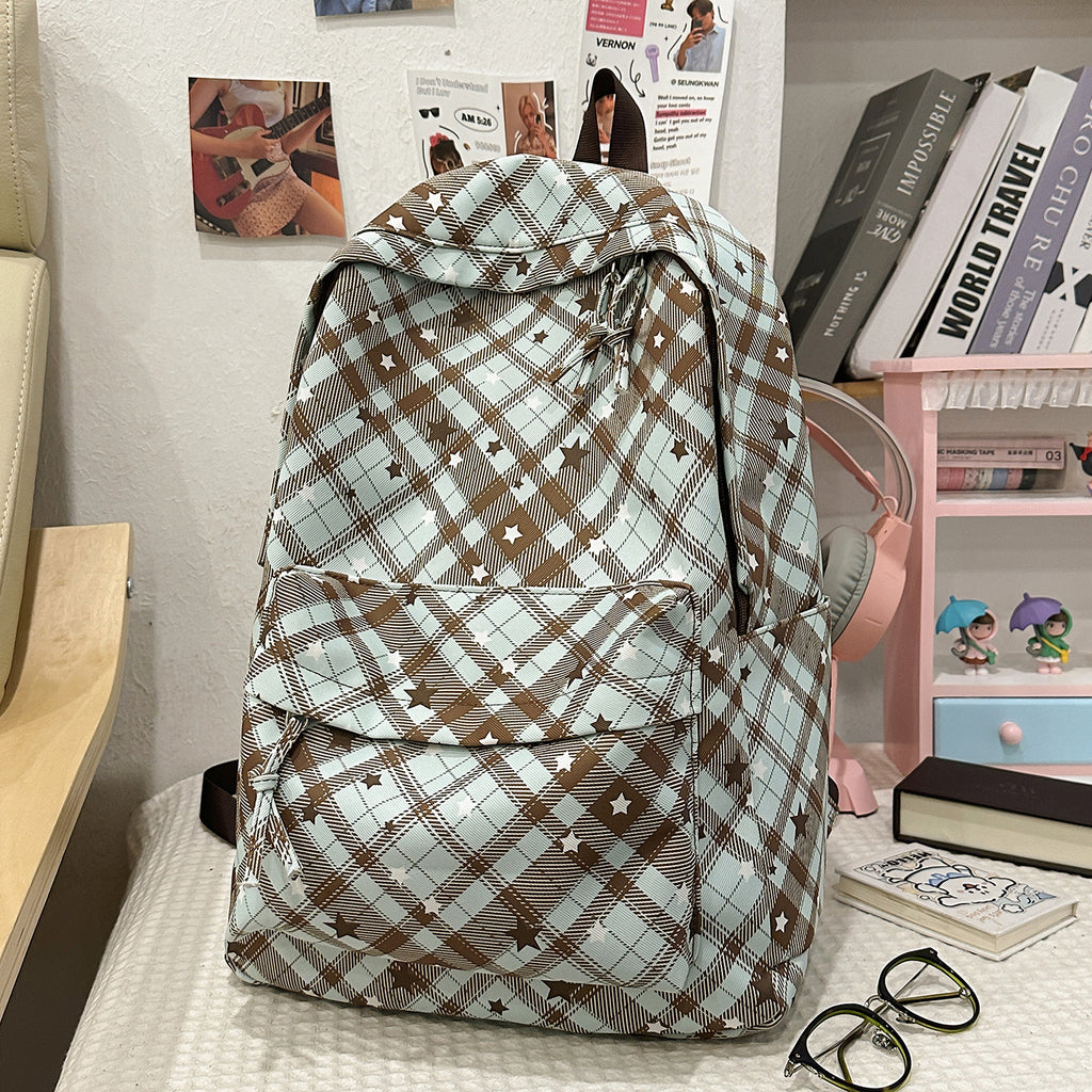 Backpack with Fashionable Check Pattern and Practical Compartments
