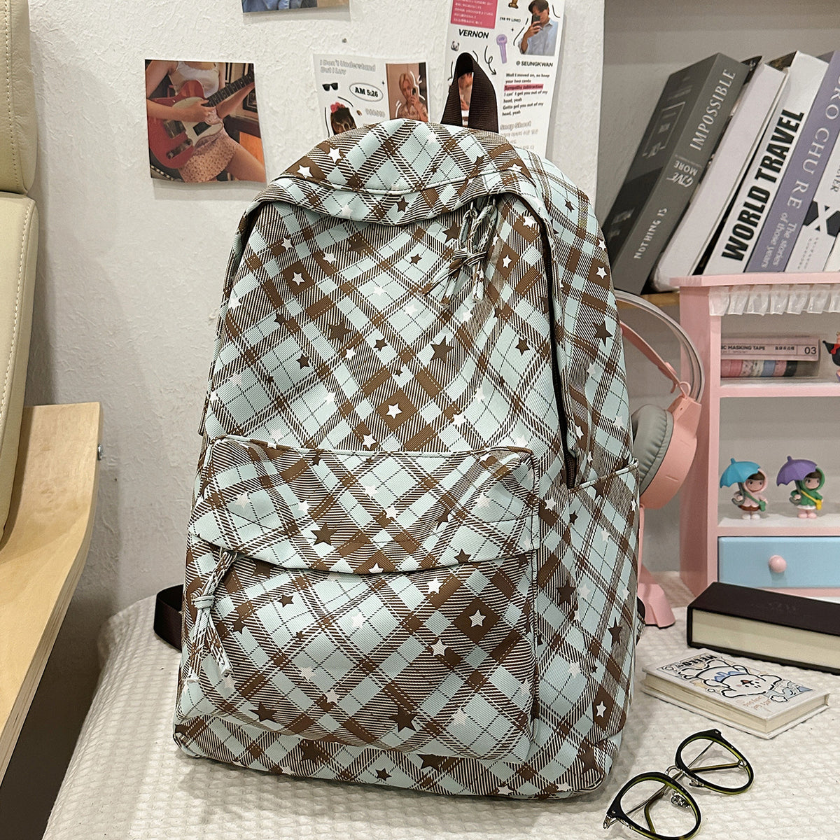 Backpack with Fashionable Check Pattern and Practical Compartments