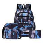 School backpack with multiple compartments and matching accessories