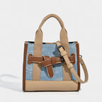 Women's mini handbag with trendy denim elements and practical drawstring