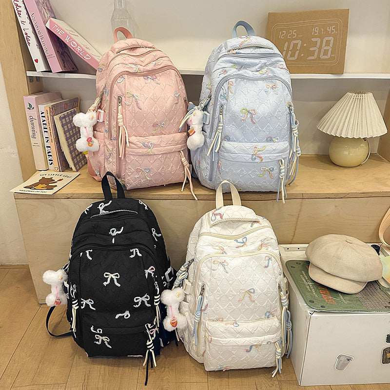 Quilted Embroidered Bow-Design Backpack