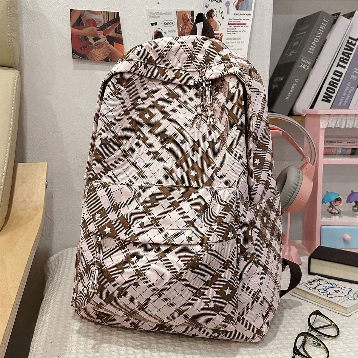 Backpack with Fashionable Check Pattern and Practical Compartments