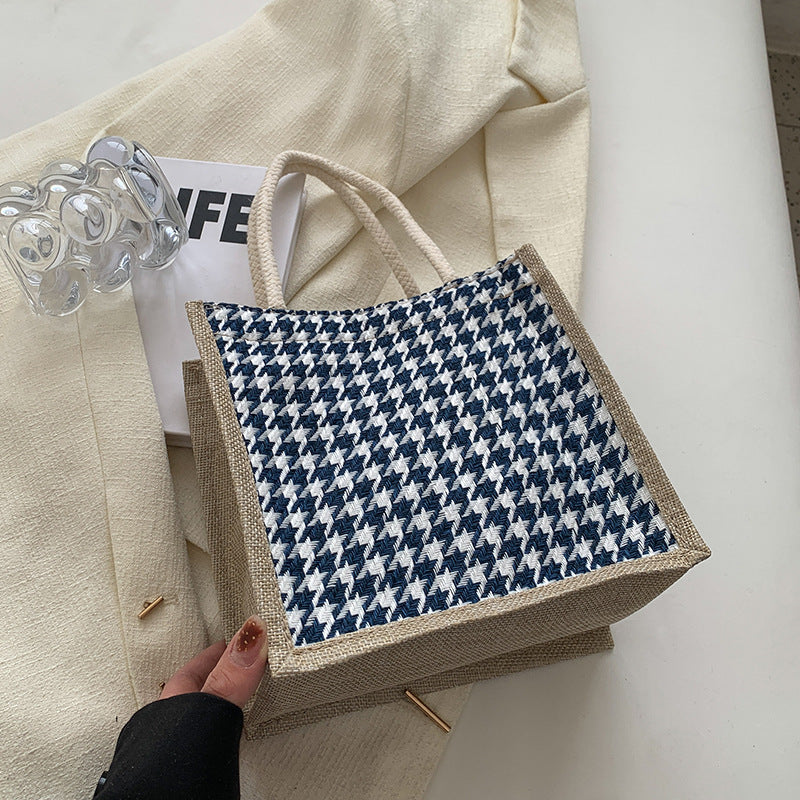 Ladies Jute Bag in classic Houndstooth pattern-https://detail.1688.com/offer/710679752572.html-Calm Wears-Blue-nothing-Calm Wears