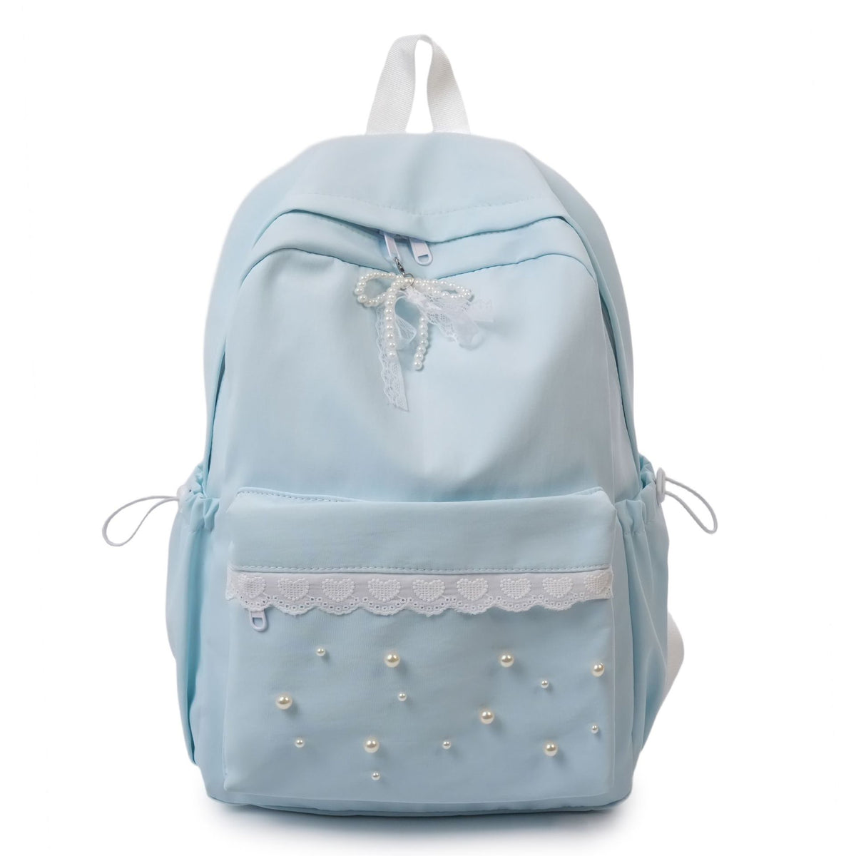 Backpack with elegant pearl applications and intricate design