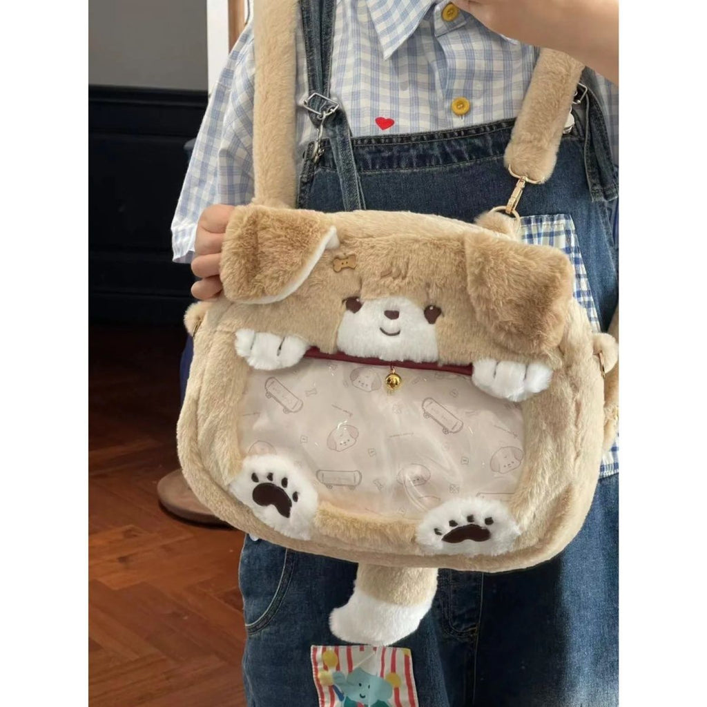 Plush Shoulder Bag with Dog Motif