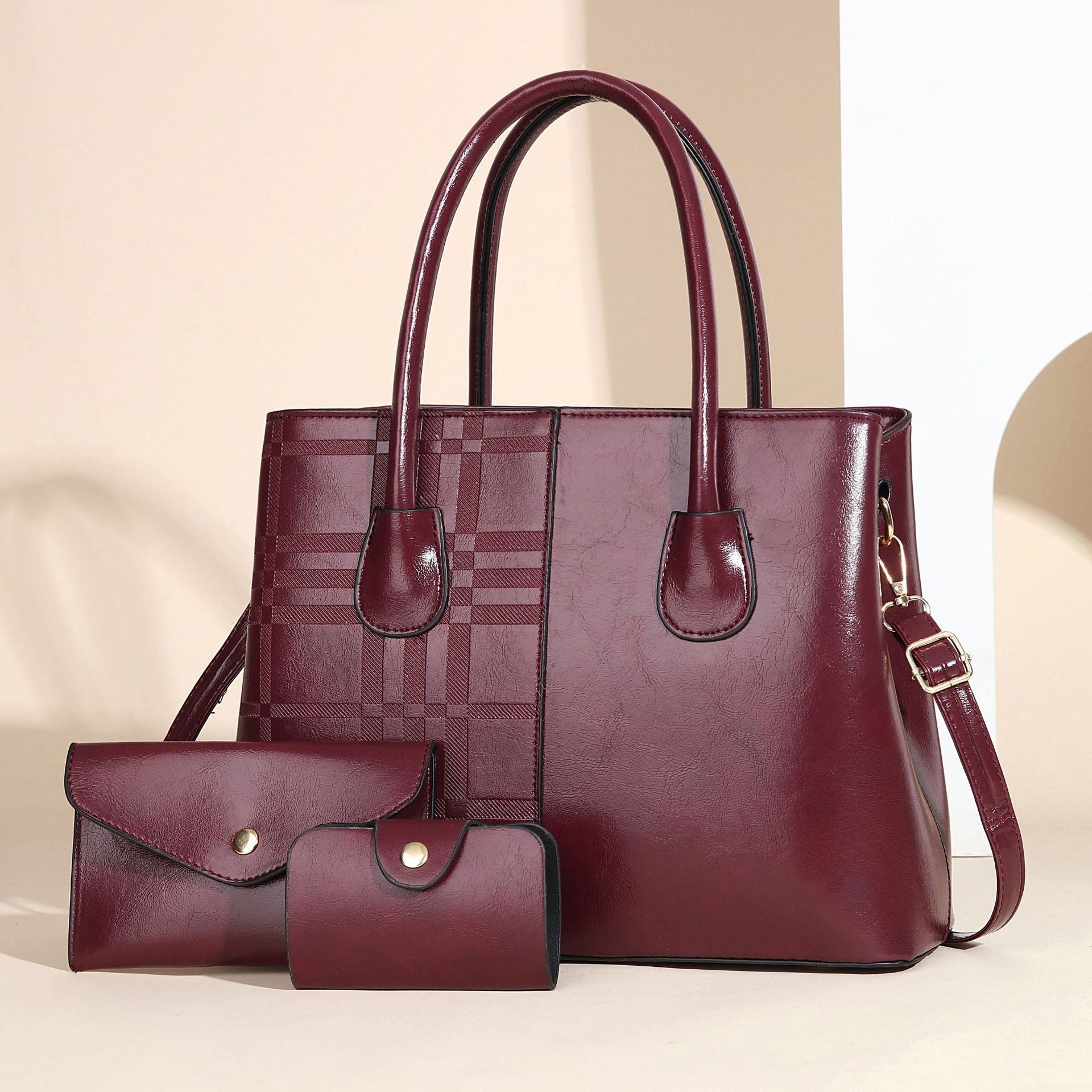 Ladies elegant tote handbag with detachable clutch and additional wallet-https://detail.1688.com/offer/1037958654494.html-Calm Wears-Wine red-3312525-Calm Wears