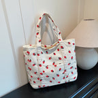 Playful Strawberry Print Corduroy Tote Bag