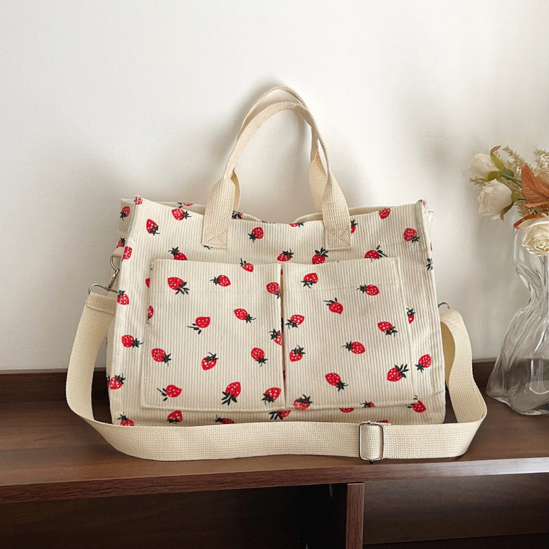 Stylish Multi-Pocket Strawberry Print Canvas Tote Bag