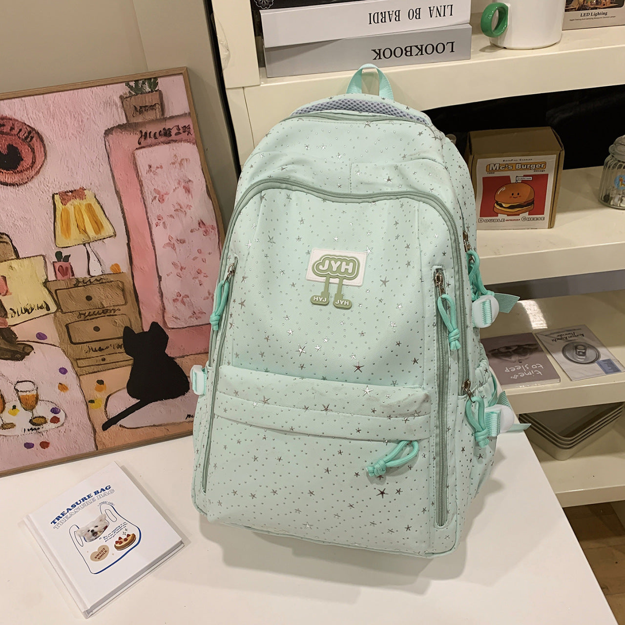 Star-Print Fashion School Backpack-https://detail.1688.com/offer/1024241911248.html-Calm Wears-Green-Calm Wears