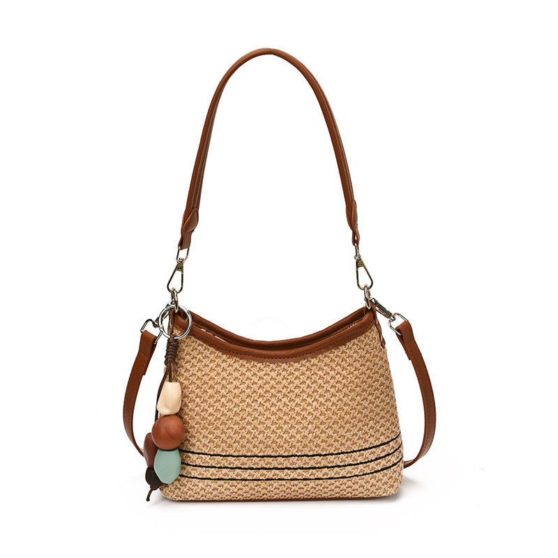 Women's shoulder bag made of woven natural material with decorative pendant-https://detail.1688.com/offer/1060205750794.html-Calm Wears-Braun-Size: without pendant-Calm Wears