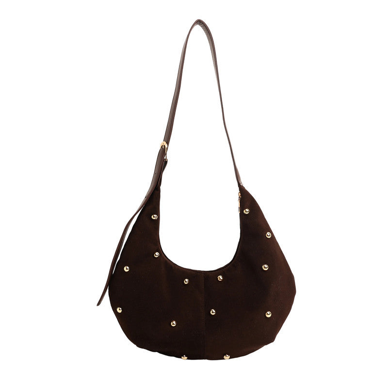 Textured Suede Hobo Bag with Decorative Studs